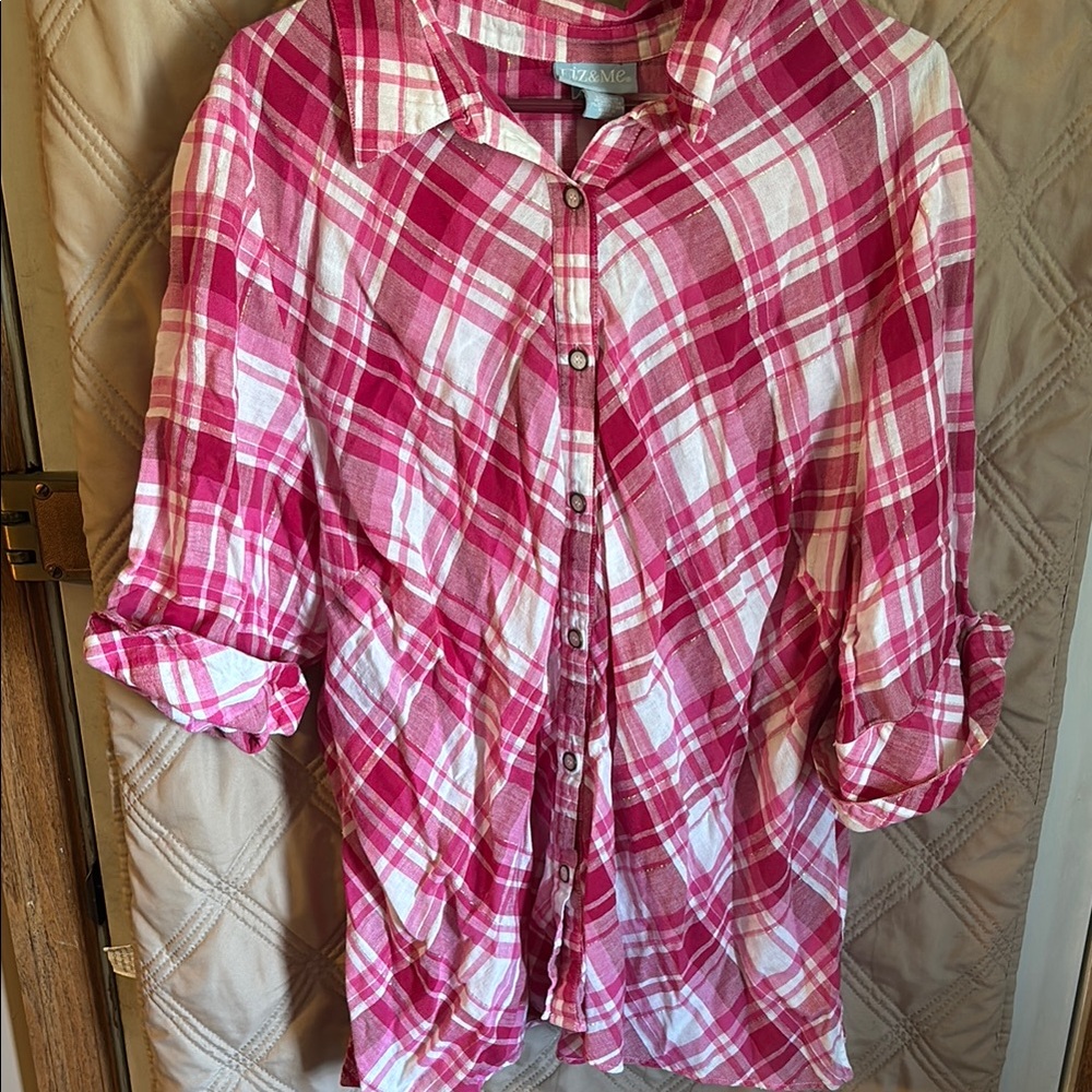 Liz & Me Pink and White Relaxed Button Down Blouse